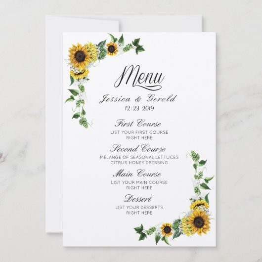Herfst Yellow Sunflower Rustic Barn Wedding Menu Kaart (Voorkant)