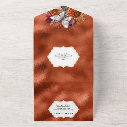 Herfst zilveren vlindershimmer maroon najaar roos all in one uitnodiging (Buitenkant)