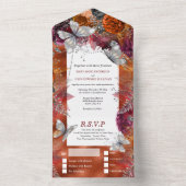 Herfst zilveren vlindershimmer maroon najaar roos all in one uitnodiging (Binnen)