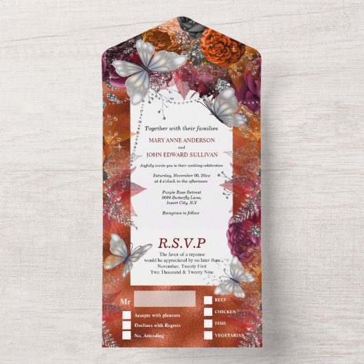 Herfst zilveren vlindershimmer maroon najaar roos all in one uitnodiging (Binnen)