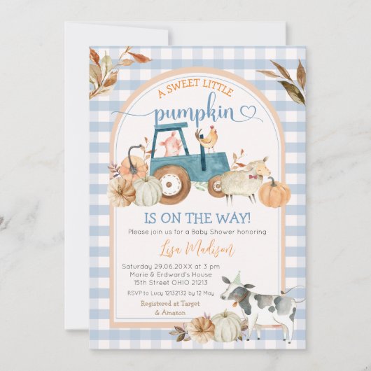 Herfst Zoete Kleine Pompoen Blauwe Gingham Baby Sh Kaart (Voorkant)