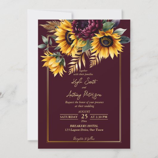 Herfst zomer bruiloft bordeaux zonnebloemen kaart (Voorkant)