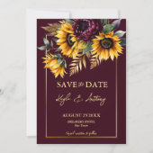 Herfst zomer bruiloft bordeaux zonnebloemen save the date (Voorkant)