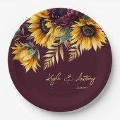 Herfst zomer bruiloft bordeaux zonnebloemen sjablo papieren bordje (Voorkant)