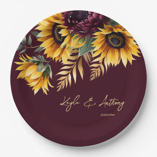 Herfst zomer bruiloft bordeaux zonnebloemen sjablo papieren bordje (Voorkant)