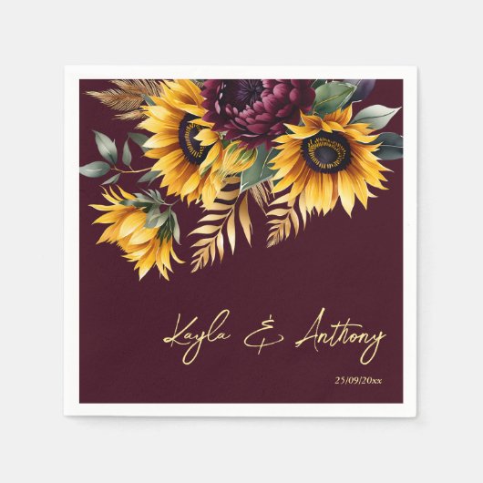 Herfst zomer bruiloft bordeaux zonnebloemen sjablo servet (Voorkant)