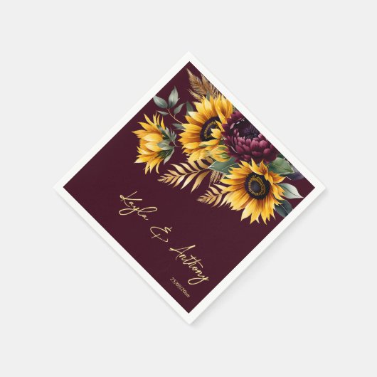 Herfst zomer bruiloft bordeaux zonnebloemen sjablo servet (Hoek)