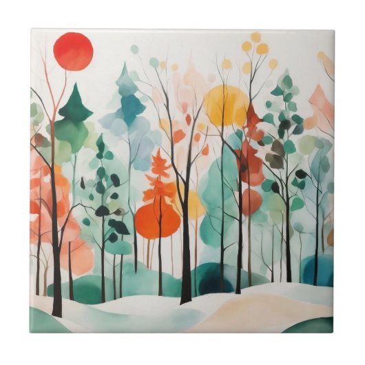 Herfst zon hoog, Abstracte Waterverf bos Tegeltje (Voorkant)