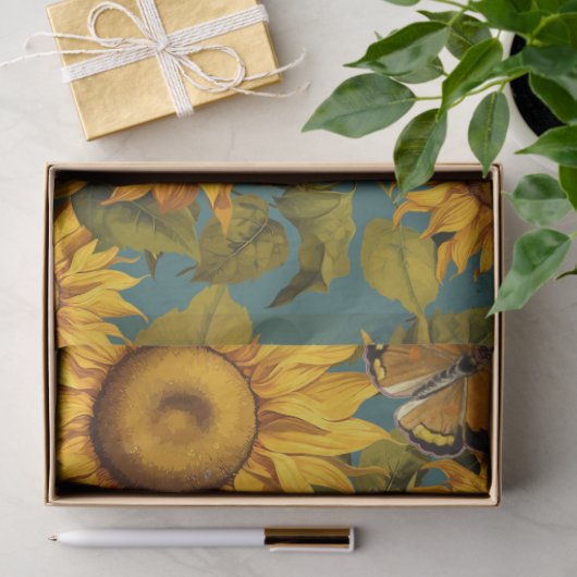 Herfst Zonnebloem Bloemen Vlinder Blauwgroen Decou Tissuepapier (Geschenk)