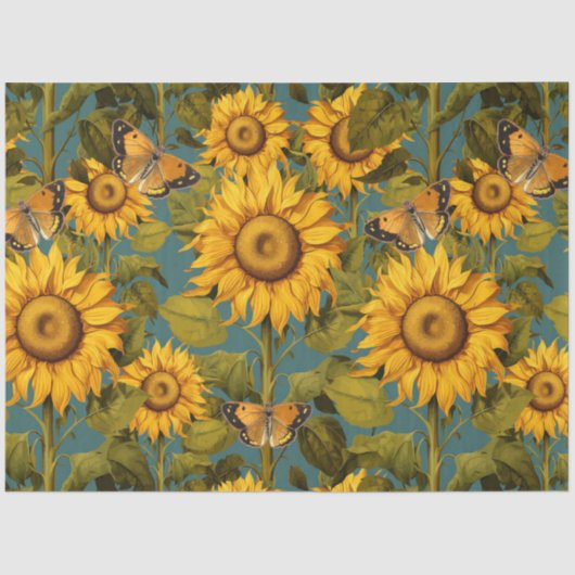 Herfst Zonnebloem Bloemen Vlinder Blauwgroen Decou Tissuepapier (Voorkant)