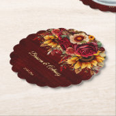 Herfst zonnebloem bruiloft bordeaux monogram gedru kartonnen onderzetters (Gekanteld)