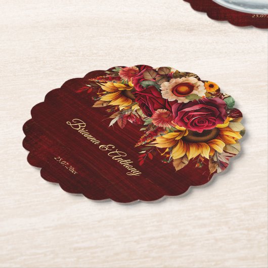 Herfst zonnebloem bruiloft bordeaux monogram gedru kartonnen onderzetters (Gekanteld)