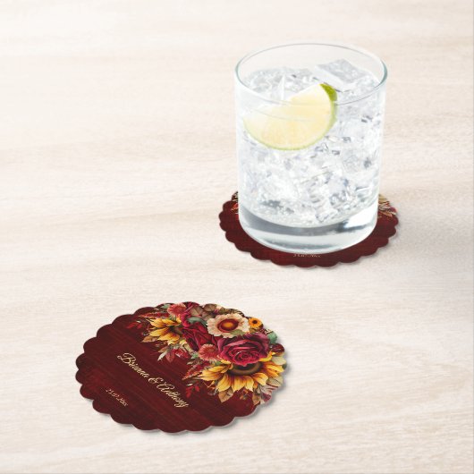 Herfst zonnebloem bruiloft bordeaux monogram gedru kartonnen onderzetters (Insitu)