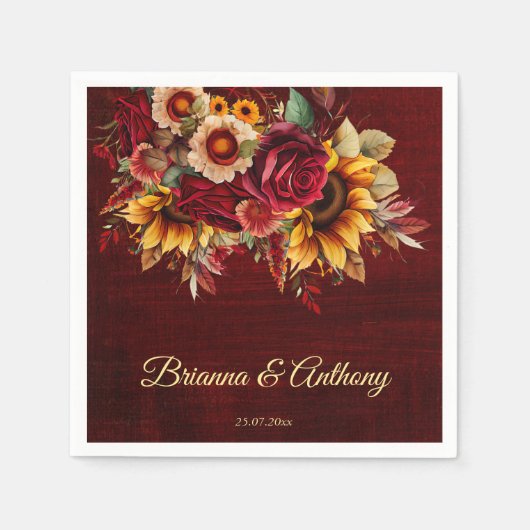 Herfst zonnebloem bruiloft bordeaux monogram gedru servet (Voorkant)
