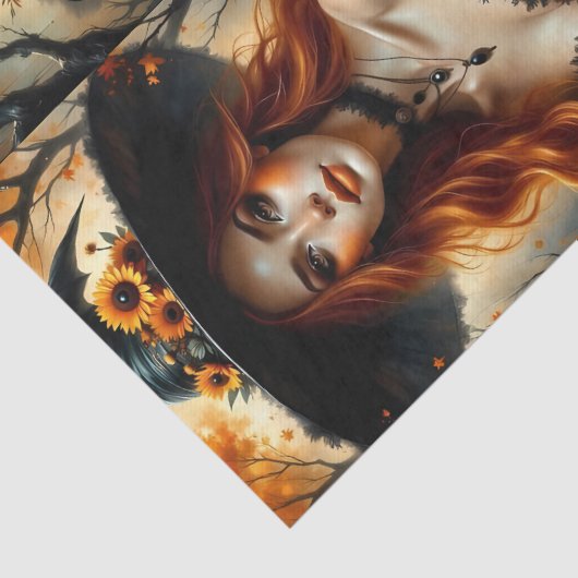 Herfst Zonnebloem Heks met Vurige Rood Haar Tissuepapier (Detail)