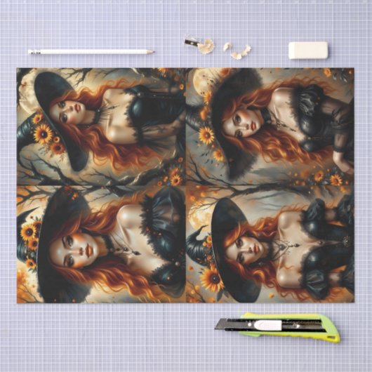 Herfst Zonnebloem Heks met Vurige Rood Haar Tissuepapier (Craft)