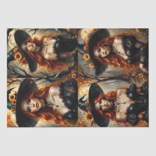 Herfst Zonnebloem Heks met Vurige Rood Haar Tissuepapier (Voorkant)