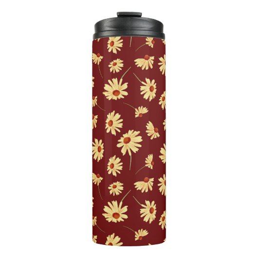 Herfst Zonnebloem: Maroon Naadloos Ontwerp Thermosbeker (Voorkant)
