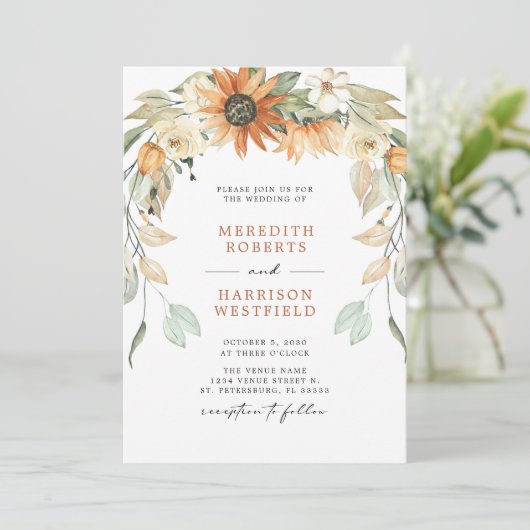 Herfst Zonnebloem met QR-code RSVP herfst bruiloft Kaart (Staand voorkant)