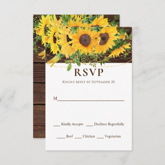 Herfst Zonnebloem String Lights Rustiek Houten Bru RSVP Kaartje (Voorkant / Achterkant)
