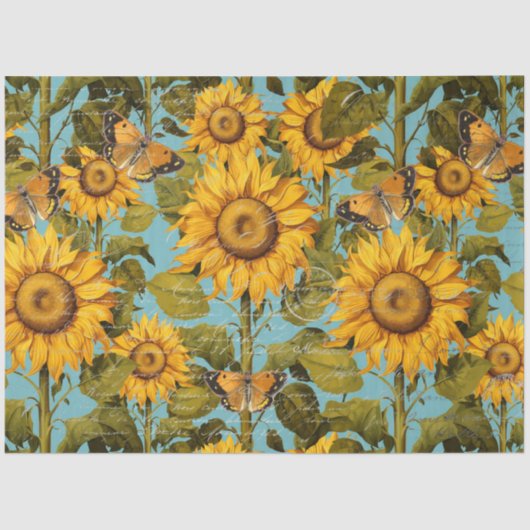 Herfst Zonnebloem Vlinder Blauw Ephemera Decoupage Tissuepapier (Voorkant)