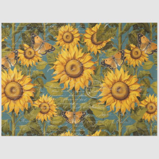 Herfst Zonnebloem Vlinder Blauwgroen Ephemera Deco Tissuepapier (Voorkant)