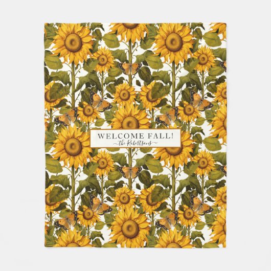 Herfst Zonnebloem Vlinder Off Witte Bloemen Fleece Deken (Voorkant)