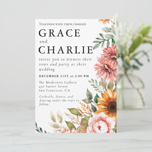 Herfst Zonnebloem Waterverf bruiloft uitnodiging (Staand voorkant)