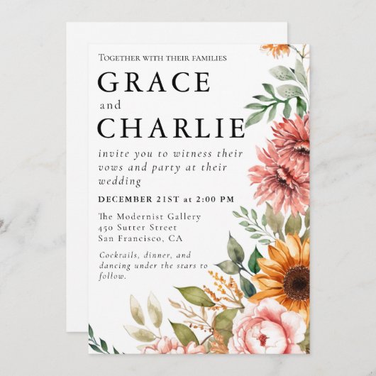 Herfst Zonnebloem Waterverf bruiloft uitnodiging (Voorkant / Achterkant)