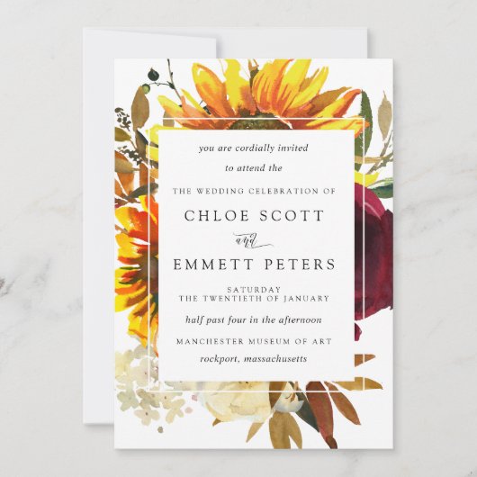 Herfst Zonnebloemen Burgundy Roos Moderne bruiloft Kaart (Voorkant)