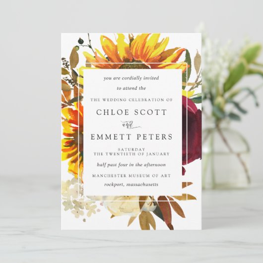 Herfst Zonnebloemen Burgundy Roos Moderne bruiloft Kaart (Staand voorkant)