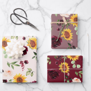 Herfst Zonnebloemen en Bourgondische Rozen Bruidsd Inpakpapier Vel