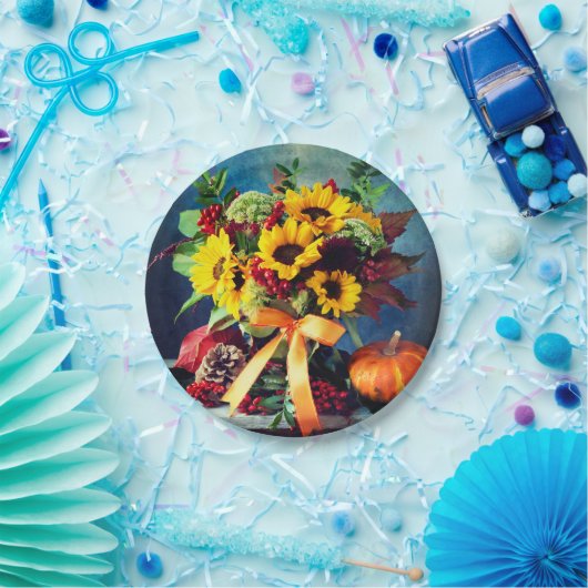 Herfst Zonnebloemen en Bow, 7" Rond Papier Bord (Feest)