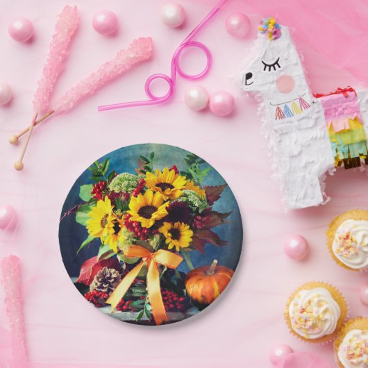 Herfst Zonnebloemen en Bow, 7" Rond Papier Bord (Feest)