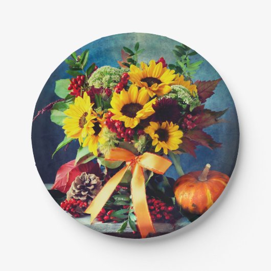 Herfst Zonnebloemen en Bow, 7" Rond Papier Bord (Voorkant)
