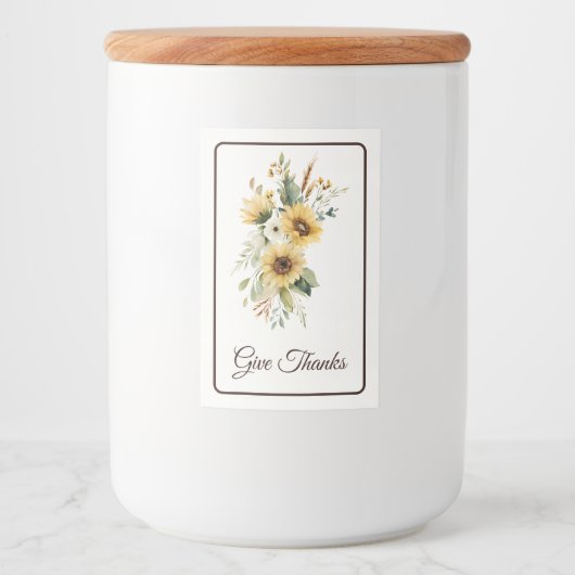 Herfst Zonnebloemen Geef Dankbaarheid Script Voedselcontainer Etiket (Voorkant)
