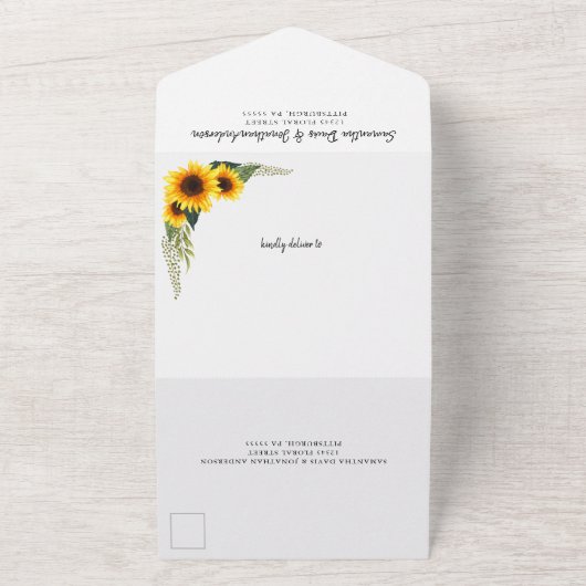 Herfst Zonnebloemen & Groen Bladgroen Bruiloft All In One Uitnodiging (Buitenkant)