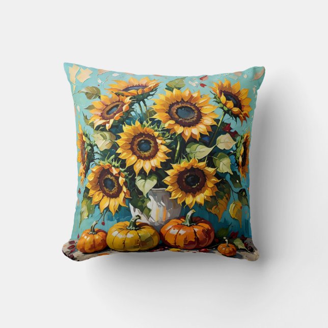 Herfst Zonnebloemen, Herfst Zonnebloemen en Pompoe Kussen (Voorkant)