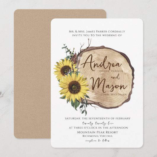 Herfst zonnebloemen Hout Slice Rustic Wedding Invi Kaart (Voorkant / Achterkant)