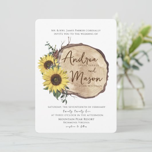 Herfst zonnebloemen Hout Slice Rustic Wedding Invi Kaart (Staand voorkant)
