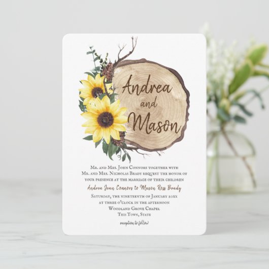 Herfst Zonnebloemen Hout Slice Rustieke bruiloft Kaart (Staand voorkant)