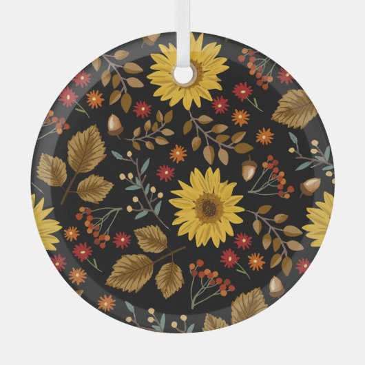 Herfst Zonnebloemen: Maple zwarte achtergrond Glas Ornament (Voorkant)