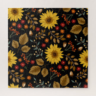 Herfst Zonnebloemen: Maple zwarte achtergrond Legpuzzel