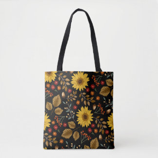 Herfst Zonnebloemen: Maple zwarte achtergrond Tote Bag