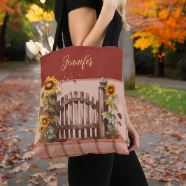 Herfst Zonnebloemen op hek Roest Plaid en Monogram Tote Bag