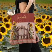 Herfst Zonnebloemen op hek Roest Plaid en Monogram Tote Bag