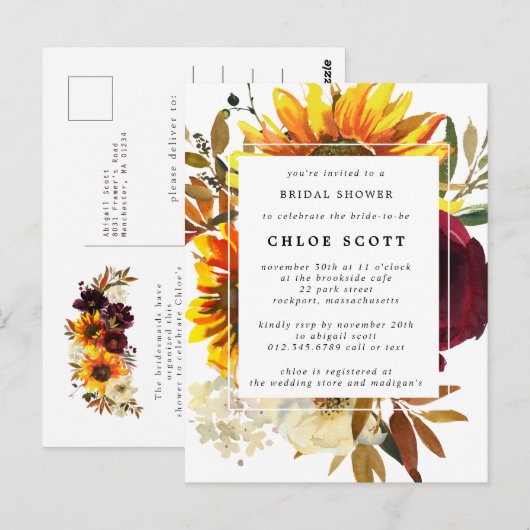 Herfst Zonnebloemen Roos Bruidsdouche Uitnodiging (Voorkant / Achterkant)