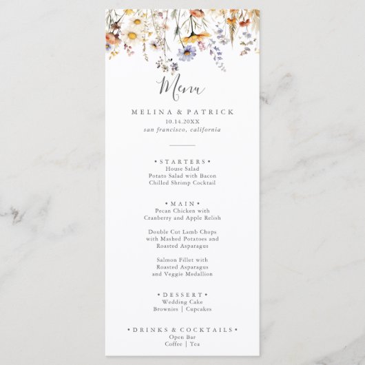 Herfst Zonneschijn Elegant Wildflower Diner Menu (Voorkant)