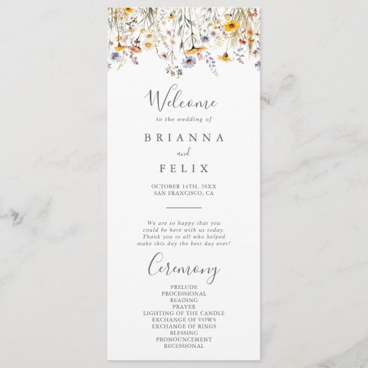 Herfst Zonneschijn Elegant Wildflower Trouwprogram Programmakaart (Voorkant)