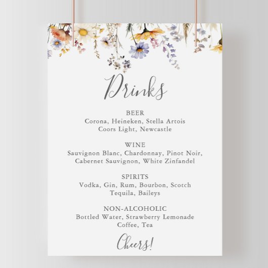 Herfst Zonneschijn Wildflower Wedding Drinken Menu Poster